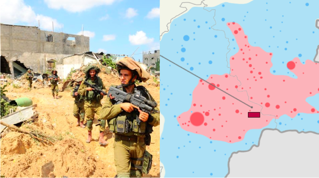 (Left) IDF Soldiers Search for Terror Tunnels in Gaza. July 20, 2014 (Israel Defense Forces/Flickr Creative Commons). (Right) Map of the crash of Malaysia Airlines Flight MH 17 ( grey line) – The route of Malaysia Airlines Flight 17   (dark red square) Approximate area of missile launch according to Ukraine[s], (light red area)  Extent of territory held by pro-Russian insurgents. July 19, 2014. (Alex1961/Wikimedia Commons)
