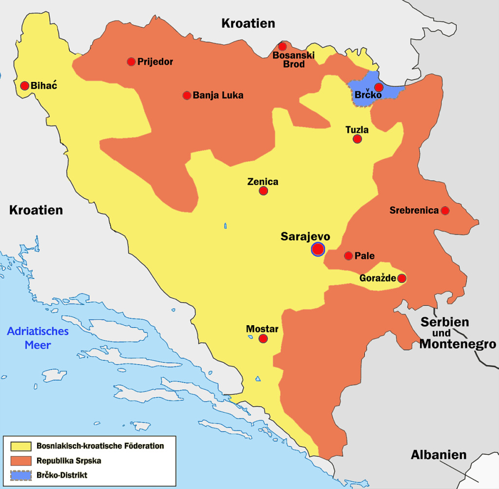 Bosnia and Herzegovina is divided into two entities, the Federation of Bosnia and Herzegovina in the west and Republika Srpska in the east. April 14, 2005. (Wolpertinger/Wikimedia Creative Commons)