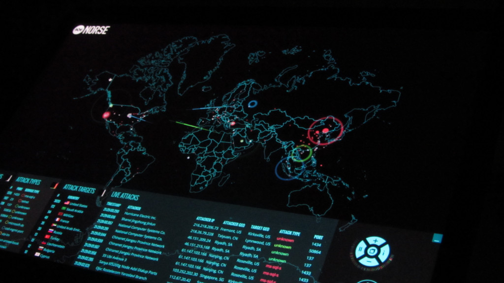 A map that shows real-time attacks on honeypots – or cyber traps to catch hackers – set up by cyber-intelligence firm Norse. (Christiaan Colen/Flickr Creative Commons).