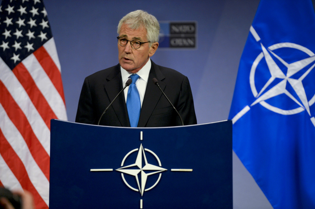 Former US Defense Secretary Chuck Hagel at the NATO news conference in Brussels addressing security concerns regarding Russia. February 5, 2015. (Sean Hurt/Wikimedia Commons).