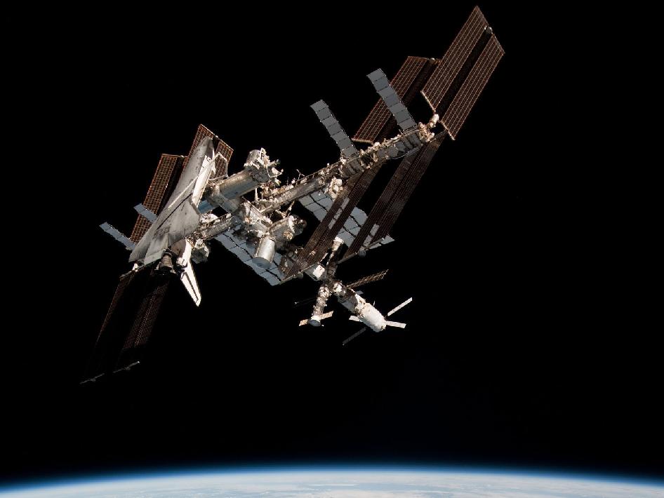 The Space Shuttle Endeavour docked at the International Space Station in 2011. May 23, 2011, (NASA)