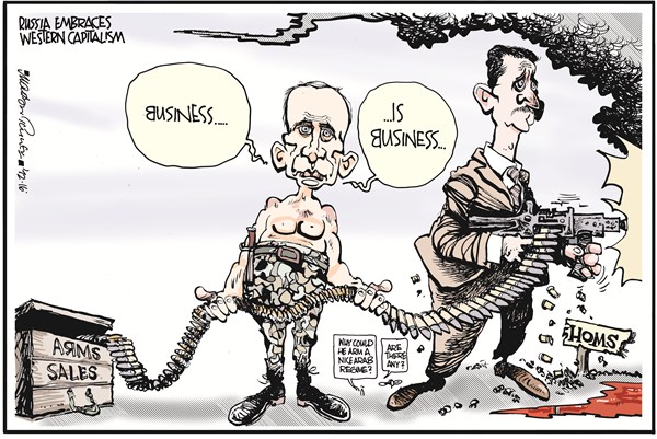 Freedom House’s political cartoon illustrating the not-so-secret arms trade between Russia and Syria. (Freedom House/Flickr Creative Commons)