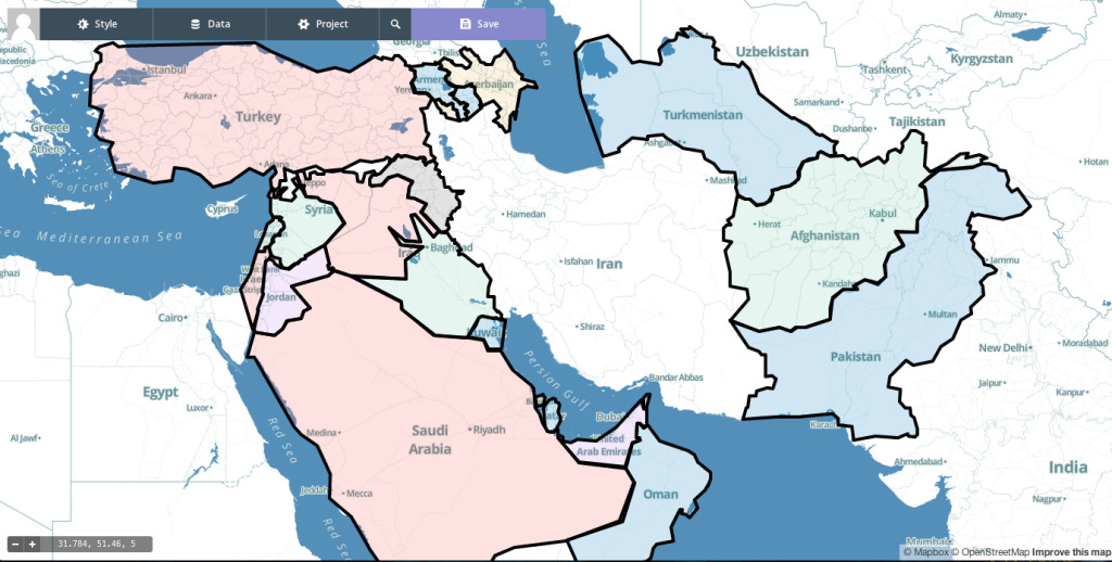 Author-made map of Iran’s geopolitical position in the Middle East. Red = Enemies/Rivals, Yellow = Mistrust, Purple = Thawing Relations, Blue = Cordial Relations, Green = Allies/Clients. June 14, 2014. (Author-created using MapBox)