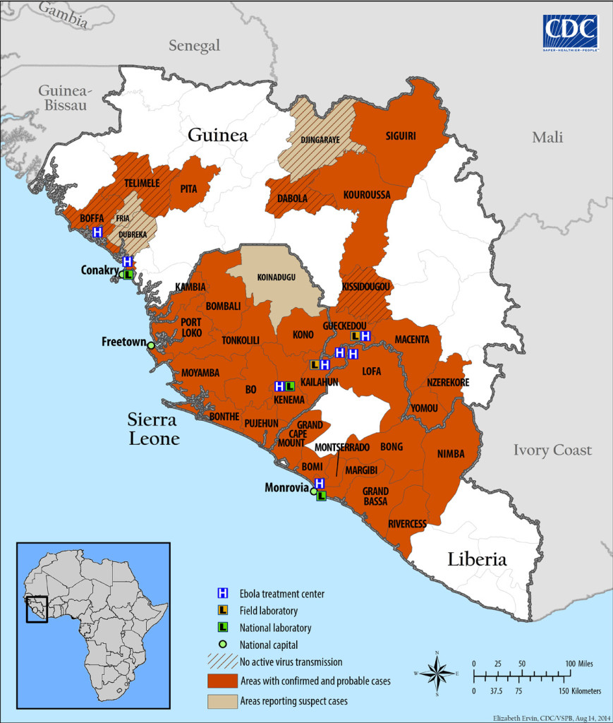 Map of Ebola outbreak in West Africa, highlighting widespread infections in Sierra Leone, Liberia and Guinea (Centers for Disease Control and Prevention/Wikimedia Commons)