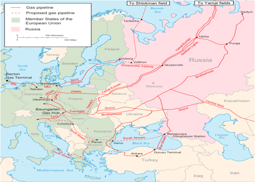A Map of Existing and Proposed pipelines for supplying Europe with Russian and Central Asian Natural Gas (Wikipedia Commons, 2009).