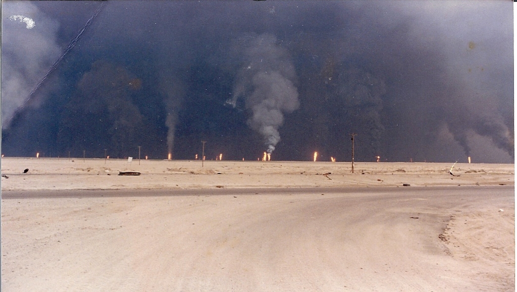 A daytime photo of the Kuwaiti oil fields. Oil has been the dominant export of many Middle Eastern countries in the last century, and is largely the catalyst behind the global competition for economic control of the region (airborneshodan/Flickr Creative Commons, 1991. No changes made).