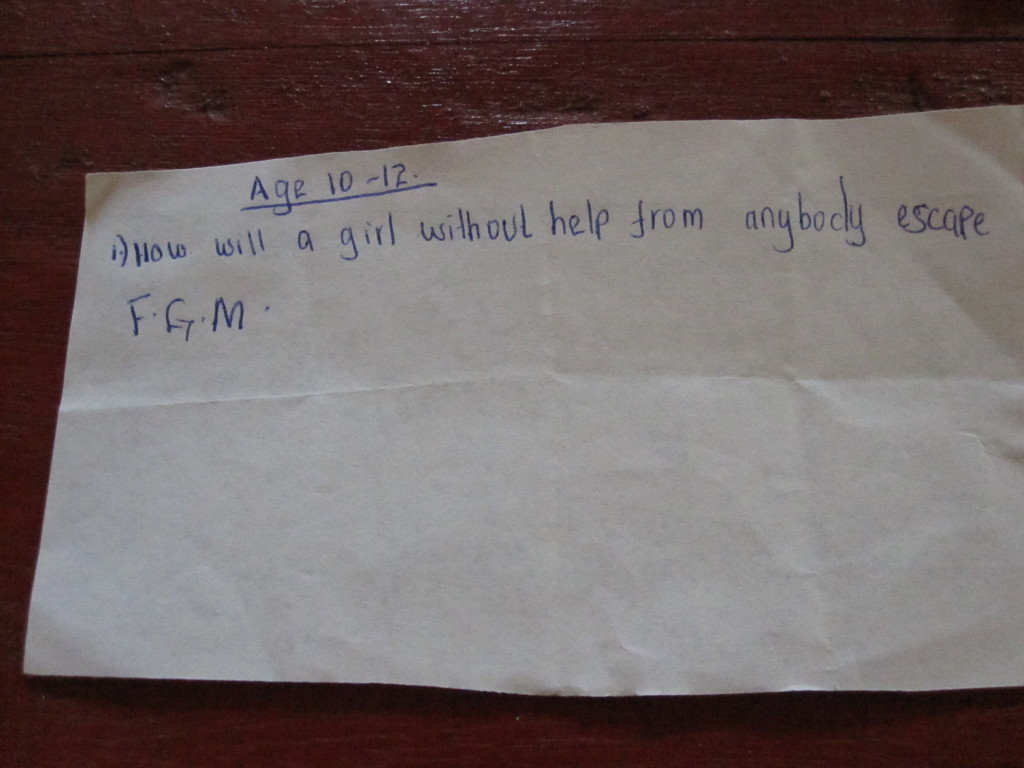 "How will a girl without help from anybody escape F.G.M.?" Asked by a young girl in Kenya. 2012. (The Advocacy Project/Flickr Creative Commons)
