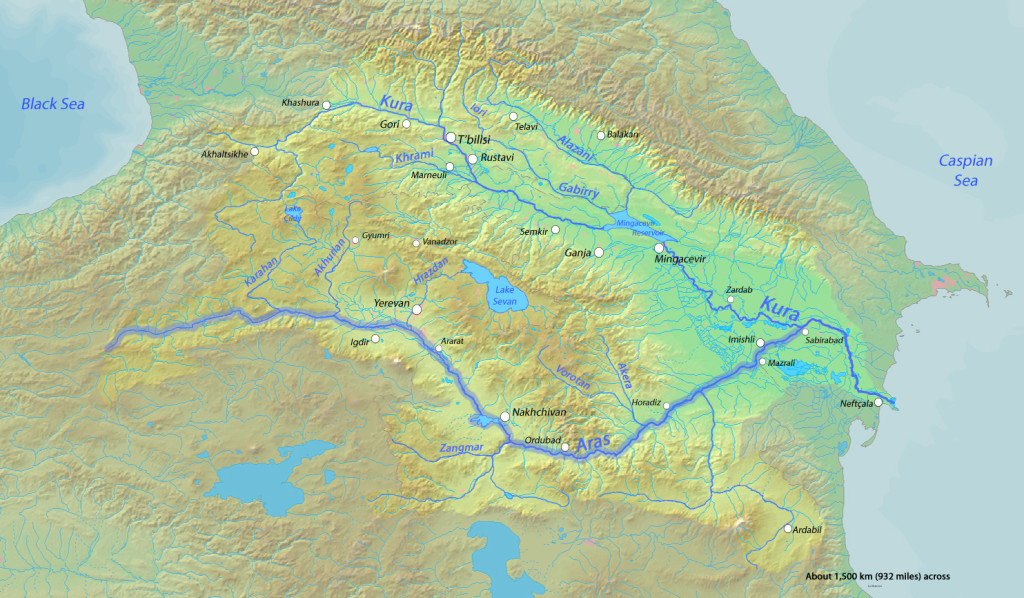 A hydrographic map of the Caucasus. March 11, 2010. (Shannon/Wikimedia Commons).