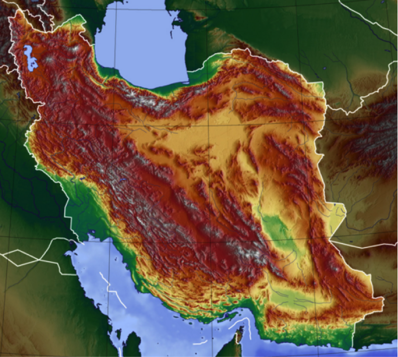 A false-color topographic map of Iran depicts its rugged terrain. (Wikimedia Creative Commons)