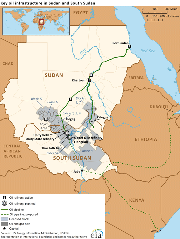 The geography of oil fields and infrastructure between South Sudan and Sudan (Wikimedia Commons).
