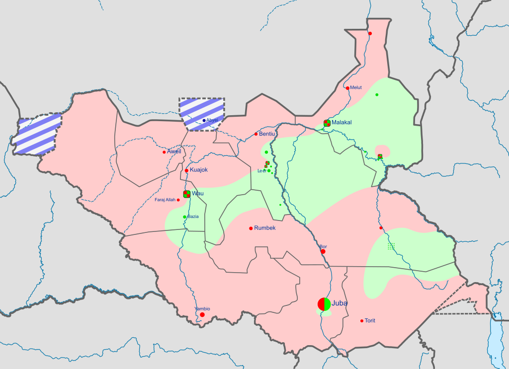 As of Dec.1 2016, the green is controlled by the Sudan People's Liberation Movement-in-Opposition. Red is controlled by the government of South Sudan. (Wikimedia Commons).