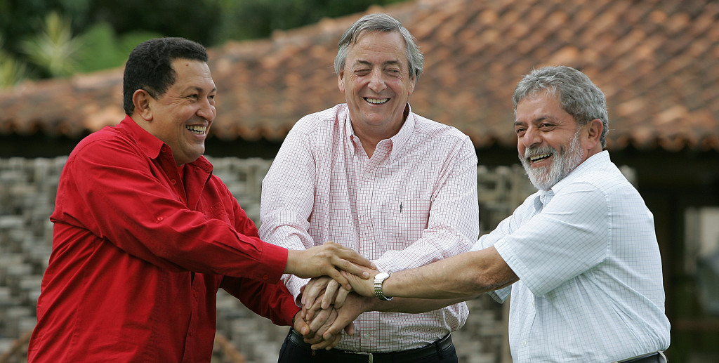 The pink tide populists Chavez, Kirchner and Lula. 