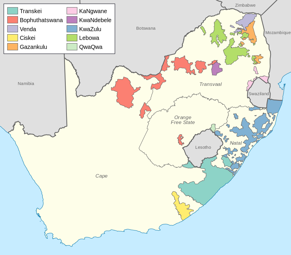 Bantustans or "homelands" during Apartheid (Wikimedia Commons)