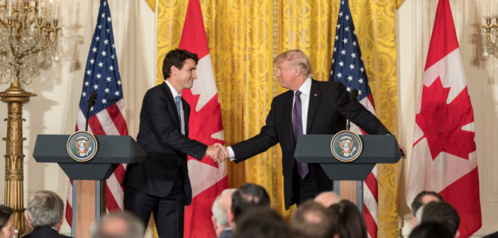 President Donald Trump and Canadian Prime Minister Justin Trudeau shake hands during a joint press conference, Monday, Feb. 13, 2017, in the East Room of the White House. (Official White House Photo by Shealah Craighead)