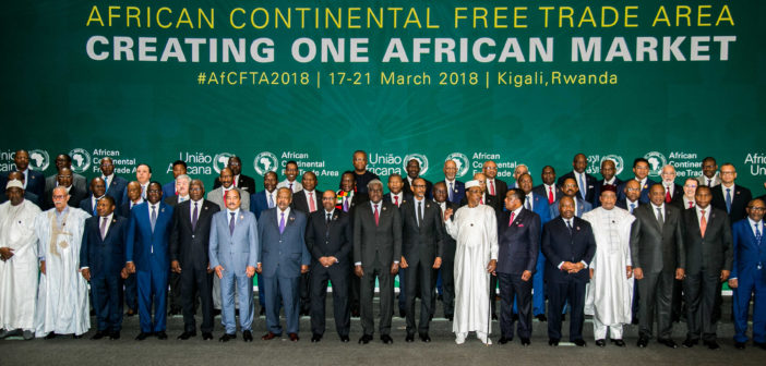 The African Heads of States and Governments pose during African Union (AU) Summit for the agreement to establish the African Continental Free Trade Area in Kigali, Rwanda, on March 21, 2018. / AFP PHOTO / STR